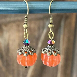 Beautiful Brass Iridescent Glass Pumpkin Drop Quality Earrings New